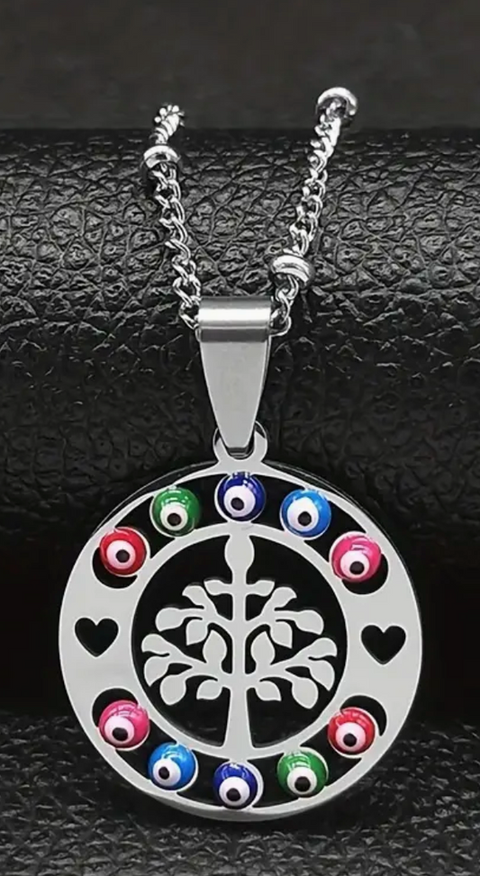 COLLLAR EN STAINLESS STEEL PLATEADO CON COLGANTE DE ARBOL DE LA VIDA CON OJOS TURCOS DE COLORES