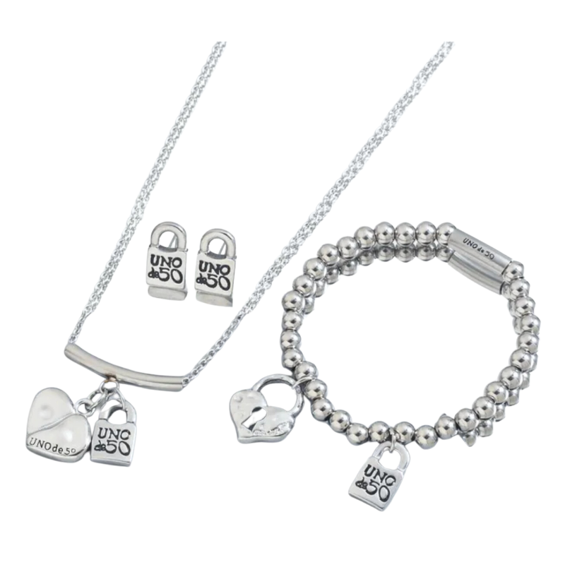 SET DE CADENA, PULSERA Y PANTALLAS EN STAINLESS STEEL CON CORAZON Y CANDADO