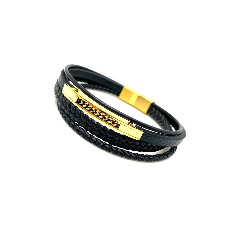 PULSERA DE LEATHER NEGRO Y STAINLESS STEEL DORADO